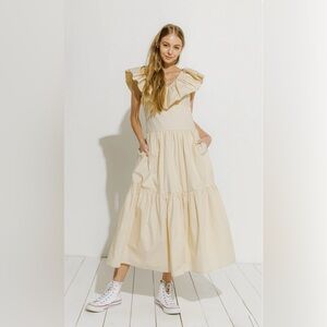 Revolve English Factory NWT Midi Dress Ruffle Neck Sleeveless Cottagecore. Beige